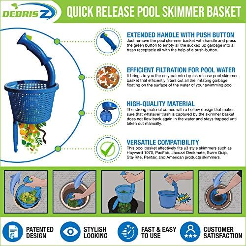 DebrisZ B9 Skimmer Basket for Inground Pool - Patented Handle & Quick Release Empty. New Heavy Duty Design with Greater Strength, Fits Popular U3 Style Pool Skimmers