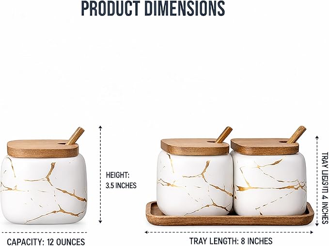 2 Sets of Marble Ceramic Seasoning Jars Ceramic Sugar Bowl with Lids，Tray and Spoons (Black and White)