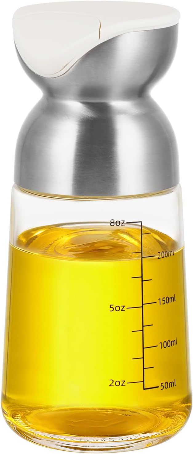Vucchini Oil Dispenser for Kitchen Stainless Steel Olive Oil Dispenser Bottle 9 Ounce with Non- Drip Spout Glass Vinegar Soy Sauce Dispenser for Cooking, Salad