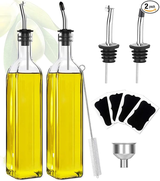 Olive Oil Dispenser Bottle, Vinegar Cruet Bottle 17oz/500 ml, Square Tall Glass Oil Container with 2 Stainless Steel Pourers, 4 Labels,1 Brush and 1 Funnel Oil Bottles for Kitchen(2 Set)