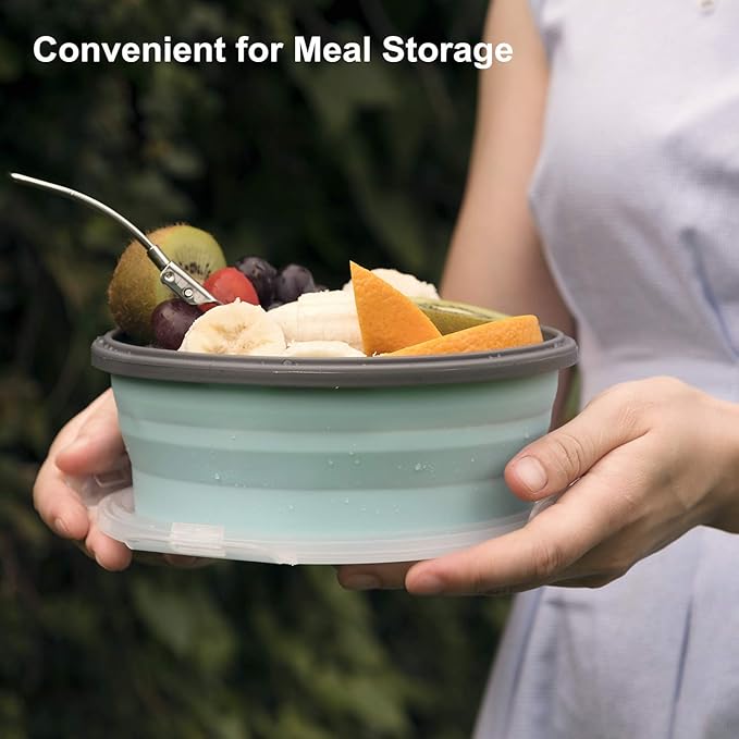 ColorCoral Camping Bowl with Lid Large Collapsible Silicone Bowl (2-pack) 1200ml/42oz per unit and Foldable Stainless Steel Fork for Travel and Camping Microvave and Fridge Food Storage