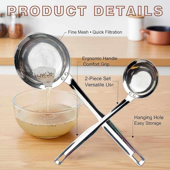 Fine Mesh Stainless Steel Colander，2025 Stainless Steel Filter,Durable Multi-Functional Kitchen Cooking Net Strainer (2-Piece Set),Strainers Fine Mesh，Profesional Stainless Strainer.
