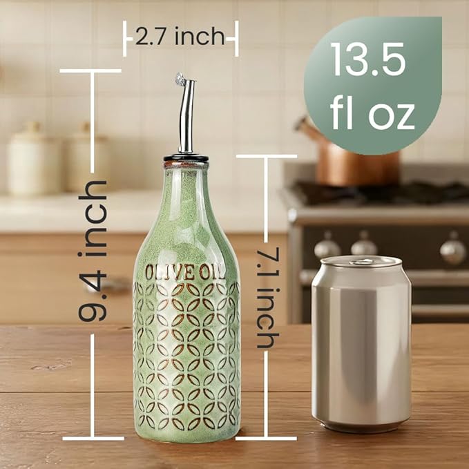 KXZ 19 oz Ceramic Olive Oil Dispenser Bottle for Kitchen, Large Capacity Oli and Vinegar Cruet with Stainless Steel Spout, 540 ml Oil Container with Handle for Cooking Preventing, Vinegar Cruet