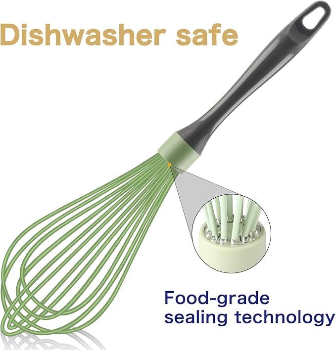 Green Silicone Whisk, Professional Plastic Whisks for Cooking Non-Scratch, Stainless Steel & Heat Resistant Rubber Wisk, Dishwasher Safe, 12-Inch