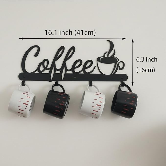 Aimto Black Metal Wall Mounted Coffee Mug Holder,with 4 Hooks and Metal Sign Modern Coffee Sign for Kitchen, Bar Station Accessories Decor