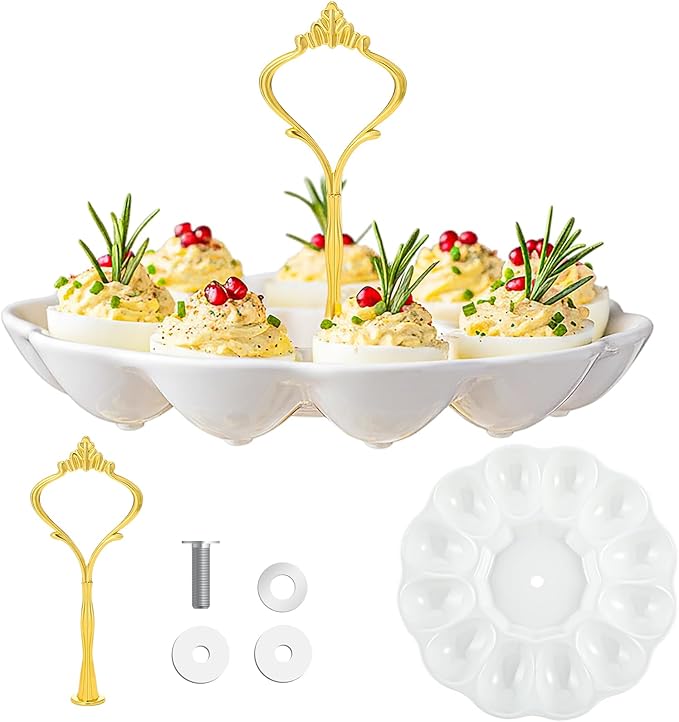 1 Tier Ceramic Easter Deviled Egg Platter 12 Hole Deviled Egg Tray Container, Detachable Eggs Holder Tower for Easter Party Food Container for Kitchen Countertop Microwave Dishwasher Freezer