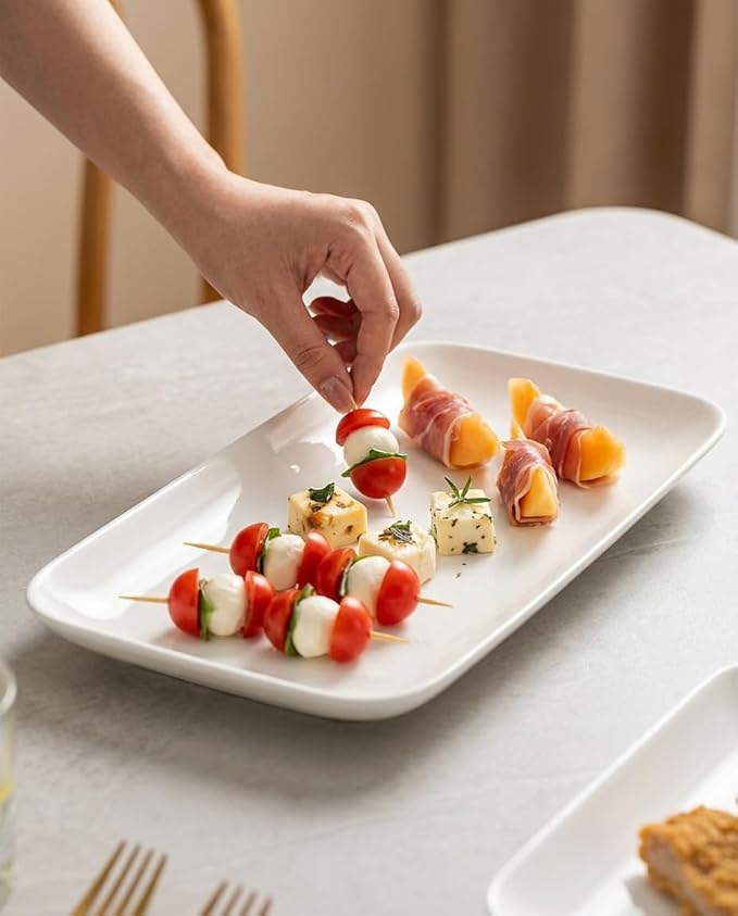 DELLING 12 Inch Serving Platter Set of 3, White Rectangular Serving Plates, Porcelain Serving Trays for Party Entertaining, Large Platters for Meat Sushi Appetizer, Oven Microwave Dishwasher Safe