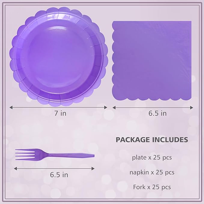 Lavender Paper Plates and Napkins,7 Inch Light Purple Scalloped Disposable Dessert Plates Paper Napkin Fork Party Supplies for Wedding Baby Shower Birthday(25 Guest)