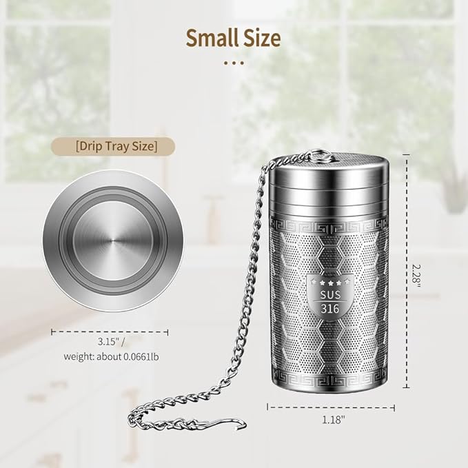 2Pack Tea Infusers for Loose Tea, Extra Fine Mesh 316 Stainless Steel Tea Strainers, Loose Leaf Tea Steeper Tea Diffuser Tea Holder with Extended Chain Hook and Drip Tray (Large + Extra Small)