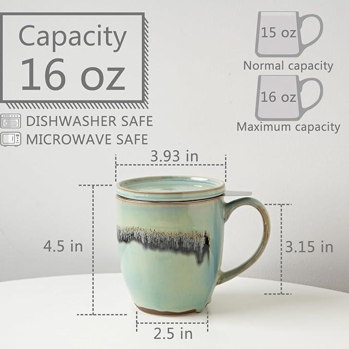 Bosmarlin Ceramic Tea Cup with Infuser and Lid, 16 Oz, 3 Colors to Choose, Microwave and Dishwasher Safe, Steeping Tea Mug with Strainer, Reactive Glaze (16 Oz, Turquoise Green Light)
