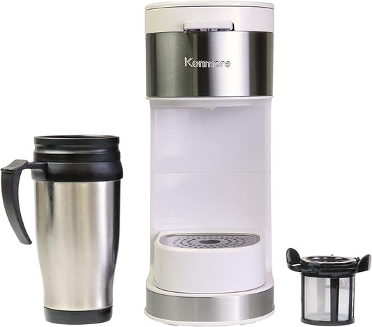Kenmore Single Serve Coffee Maker – 6–14 Oz Brew Sizes, Compatible with Keurig K‑Cup Pods & Ground Coffee, One Cup Brewer, Travel Mug Friendly, Auto Shut‑Off, Hot & Iced maquina de cafe, White