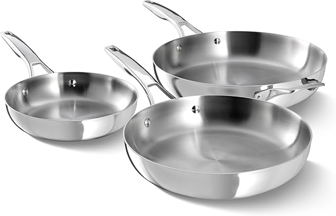 Calphalon Premier Polished 5-Ply Stainless Steel Cookware Set w/Turbo Heat Tech 3 Piece Frying Pan Set, Induction, Oven Safe 500F, Oven Safe 500F, PFOA Free, Polished Stainless Silver