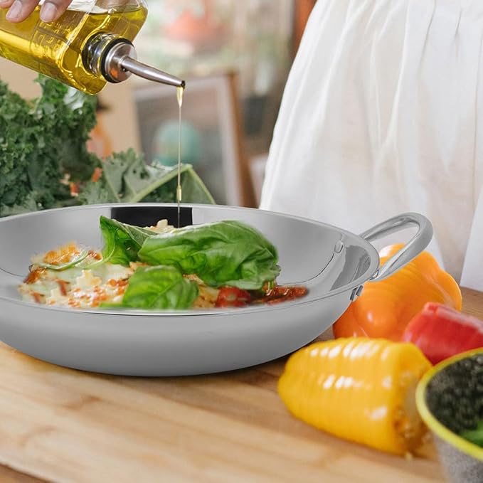 Double Handle Cooking Wok Flat Bottom Pan Stainless Steel Kitchen Pot for Hot Pot Stew and Seafood 9.05X8.66X1.96 Inch