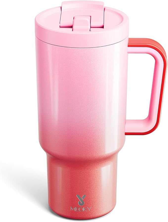 Meoky 32 oz Tumbler with Handle and Flip Straw, 100% Leakproof Tumbler with Lid and Straw, Stainless Steel Insulated Cup, Cupholder Friendly, Keeps Cold for 24 Hours (Flamingo)