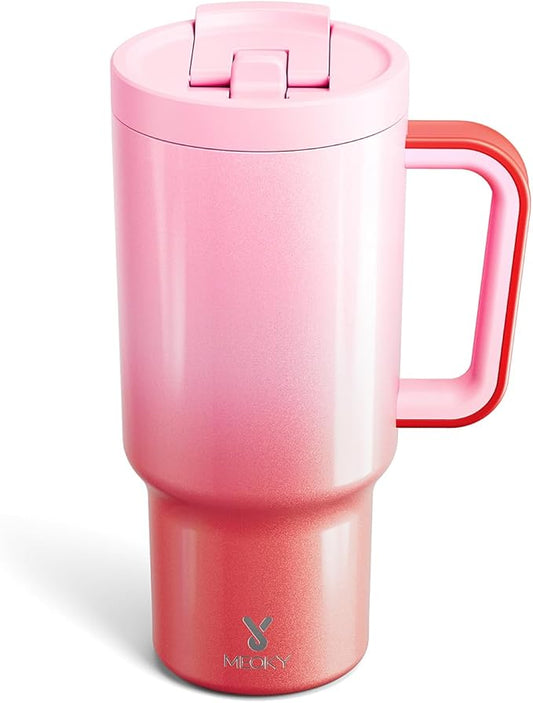 Meoky 32 oz Tumbler with Handle and Flip Straw, 100% Leakproof Tumbler with Lid and Straw, Stainless Steel Insulated Cup, Cupholder Friendly, Keeps Cold for 24 Hours (Flamingo)