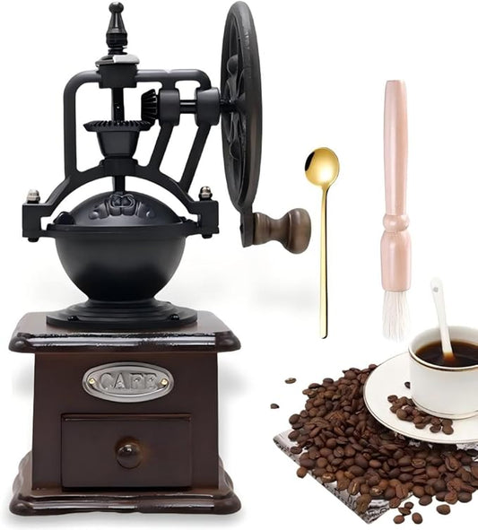 Wooden Manual Coffee Grinder Vintage Style Hand Coffee Mill Burr Coffee Grinder with Ceramic Hand Crank,Wooden Manual Coffee Grinder Cleaning Brush(Brown Ferris wheel style）