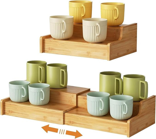 2-Tier Expandable Bamboo Coffee Mug Holder, Mug Organizer for Kitchen Cabinets, Mug Cup Rack, Multi-Functional Cup Holder Shelf, Coffee Bar Organizer, Home