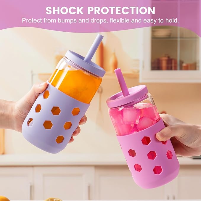 Glass Cups with Lids and Straws (4 Pack), 16oz Drinking Glasses Set with Silicone Sleeves for Coffee Bar Accessories Iced Coffee Cups with Lids, Glass Tumbler Reusable for Gifts