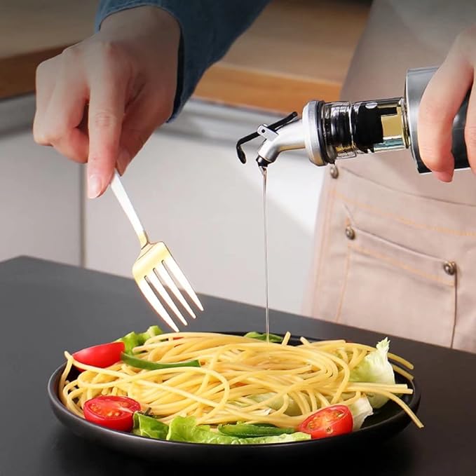 Olive Oil Dispenser - 7oz (200ml) Glass & Stainless Steel Oil & Vinegar Cruet with No-drip Spout & Pouring Funnel