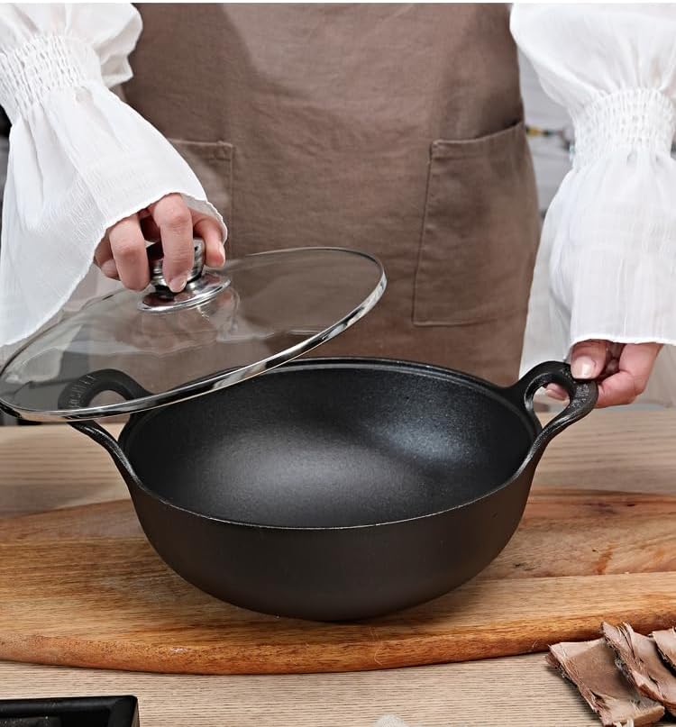 Cast Iron Wok with Dual Handle, Pre-Seasoned Stir-Fry Pans (9 inch)