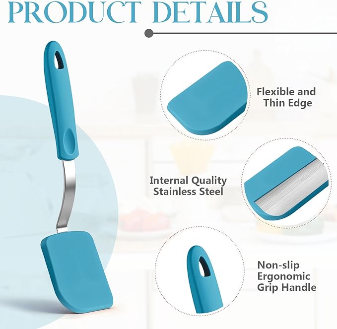 Silicone Cookie Spatula Turner 2 Pack Mini Brownie Spatula Flexible Kitchen Small Silicone Turner for Nonstick Cookware Heat Resistant No Scratch Flipper for Egg Pancake(Light Blue)