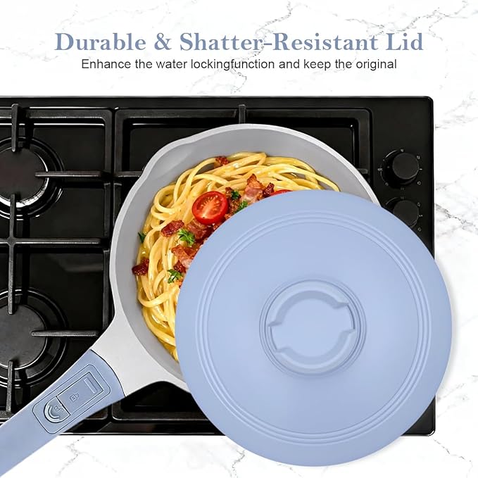 Ceramic Saucepan with Lid, 2.5 Quart Small Cooking Pot, Sauce Pan Nonstick with Pour Spout, Milk Pan with Detachable Handle, Induction Pot, Oven Safe, PFOA Free, Blue
