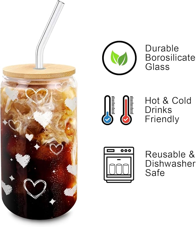Glass Tumbler with Lid and Straw, 16 oz Heart Iced Coffee Cup with Bamboo Lid, Aesthetic Drinkware Gift for Girlfriend or Best Friend, Valentines Day, Galentines Day, Birthday