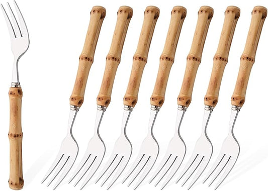8 PCS Small Fork, 6.3 Inches Stainless Steel Dessert Forks with Bamboo Handle, Kitchen Flatware Cutlery Set, Use for Tasting Cakes Fruits and Appetizer, Mirror Polished