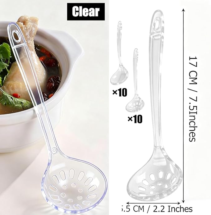 Large Plastic Serving Spoons,Disposable Heavy Duty Serving Spoons,Long Handle Scoop Soup Rice Ladle for Party Catering Buffet Restaurant,20 Pieces (10 Clear Colander +10 Clear Spoon)