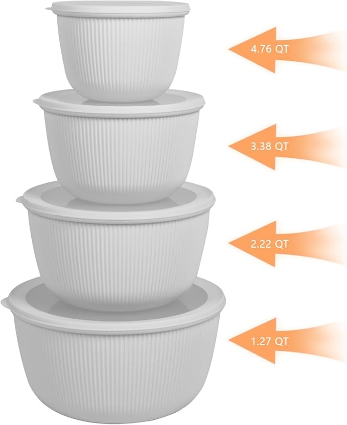 BoxedHome Nesting Plastic Mixing Bowls, BPA-Free Plastic, Microwave and Dishwasher Safe, Set of 4, 1.27/2.22/3.38/4.76quart, Grey
