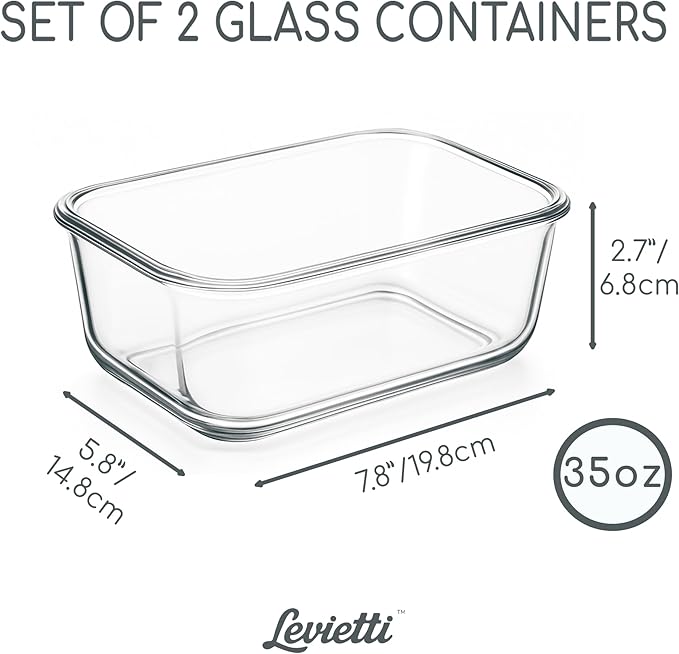 Levietti 2-Pack Borosilicate Glass Containers with Lids 35oz (1040ml) Airtight Leakproof Glass Food Storage for Leak-Free Fresh Meals, Leftovers, BPA-Free Locking Clips - Oven/Microwave/Freezer Safe