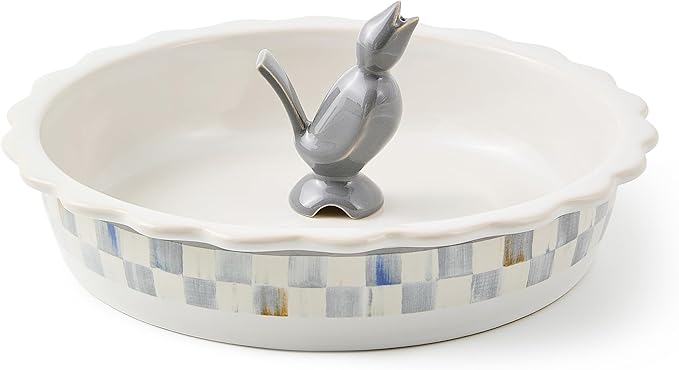 MACKENZIE-CHILDS Everyday Pie Plate with Pie Bird, Stoneware Pie Pan for Baking and Serving, Gray-and-White Sterling Check
