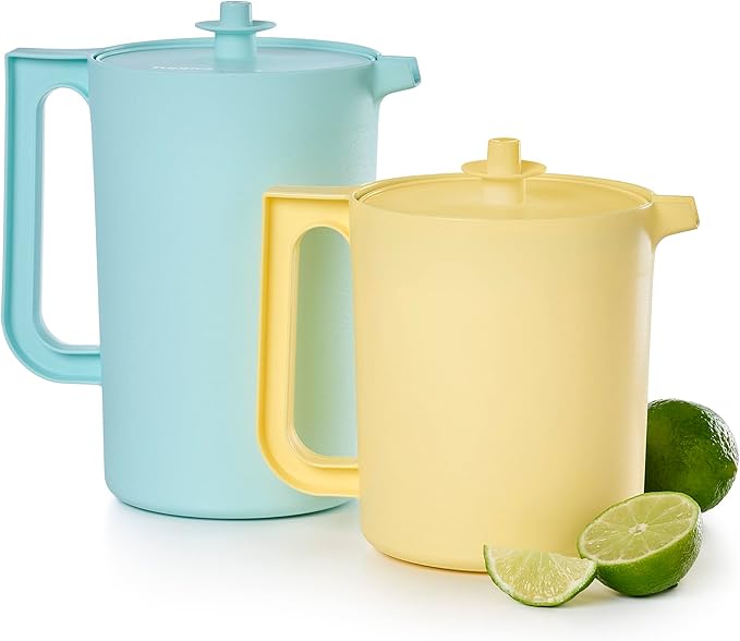 Tupperware Heritage Pitcher Set in Vintage Blue and Yellow Colors, Dishwasher Safe and BPA Free (Set of 2, 1.5 Qt./2 Qt.)