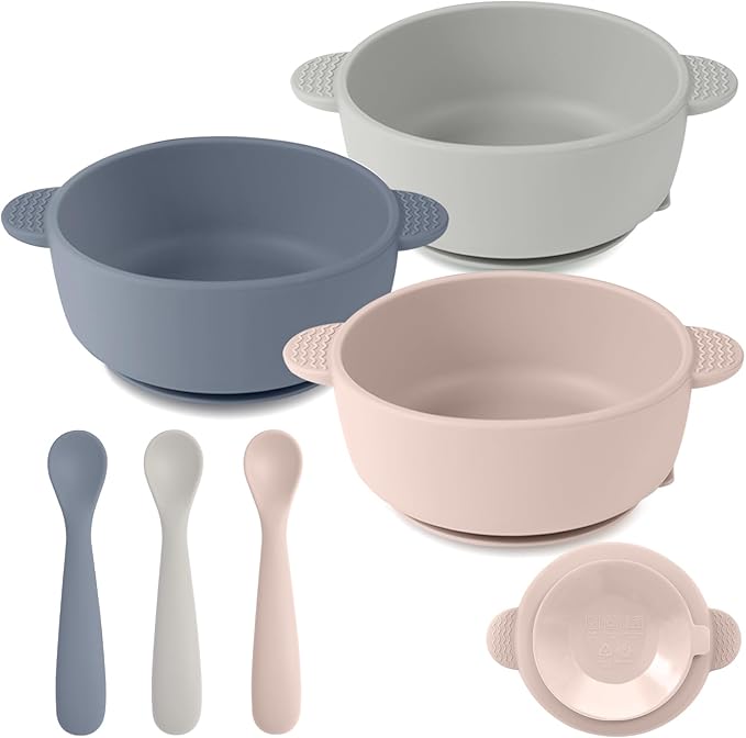 Silicone Baby Feeding Set, 3 Pack Baby Bowls with Suction and 3 Pack Baby Spoons for Babies Toddlers Kids, BPA Free, Baby Utensils Feeding Supplies, Microwave and Dishwasher Safe