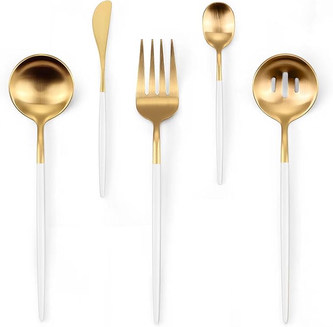 Serving Utensils,Set of 5 Matte Whitegold Large Serving Spoon,Slotted Serving Spoon and Serving Fork,with Sugar Spoons and Butter Knife,Stainless Steel Serving Utensils Set for Party Catering Buffet