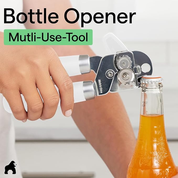 GORILLA GRIP Heavy Duty Stainless Steel Smooth Edge Manual Can Opener and Bottle Openers, Soft Comfortable Handle, Oversized Handheld Turn Knob, US Designed Multifunctional Kitchen Tool, White