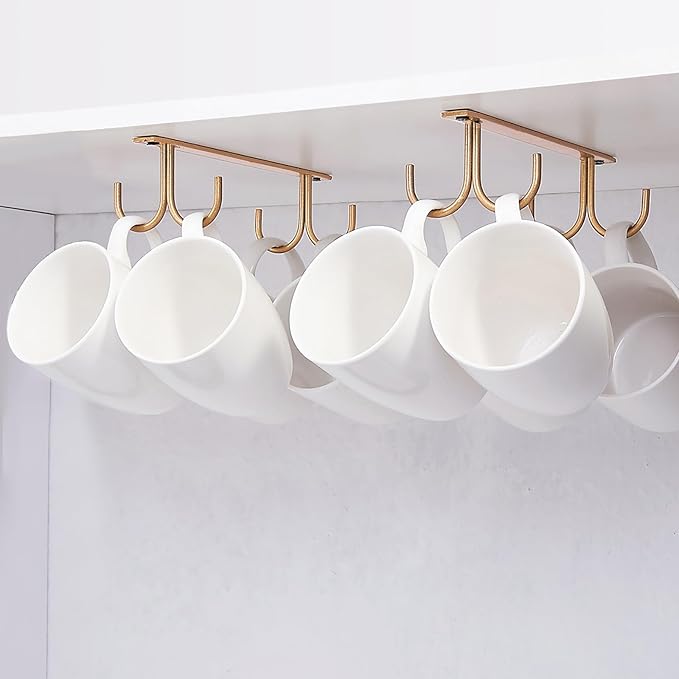 Mug Rack Under Cabinet - Coffee Cup Holder, 8 Mugs Hooks Under Shelf, Display Hanging Cups Drying Hook for Bar Kitchen Utensils Gold