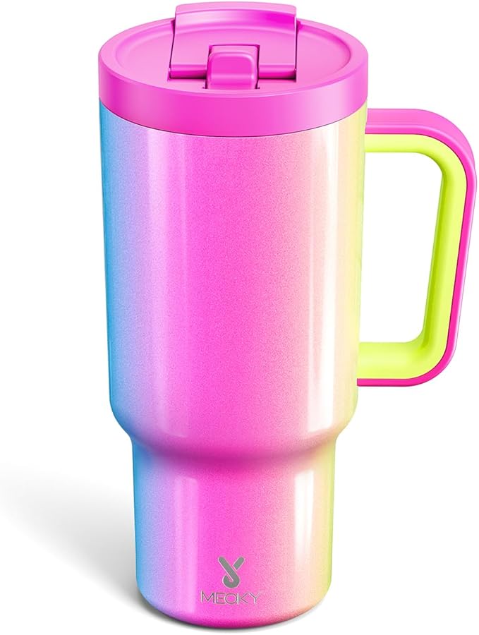 Meoky 32 oz Tumbler with Handle and Flip Straw, 100% Leakproof Tumbler with Lid and Straw, Stainless Steel Insulated Cup, Cupholder Friendly, Keeps Cold for 24 Hours (Carnival)