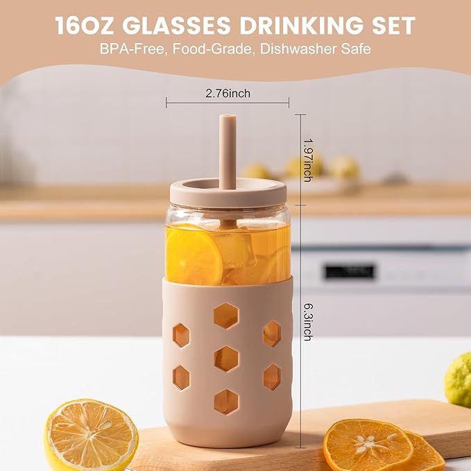 Glass Cups with Lids and Straws (4 Pack), 16oz Drinking Glasses Set with Silicone Sleeves for Coffee Bar Accessories Iced Coffee Cups with Lids, Glass Tumbler Reusable for Gifts