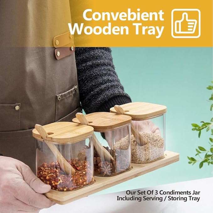 Condiment Containers with lids 3 pack Seasoning Box Condiment Pots Jars with Spoons Container for Spice Salt Sugar Cruet (Quadrate 1 set)