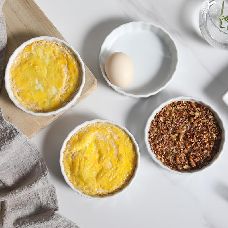 6 Oz Creme Brulee Dishes, Creme Brulee Ramekins Set of 6, Ceramic Brulee Souffles Dishes, Wave Round Ramekins Pie Pan, White Baking Dish for Dessert, Tart, Appetizers, Oven Dishwasher Safe
