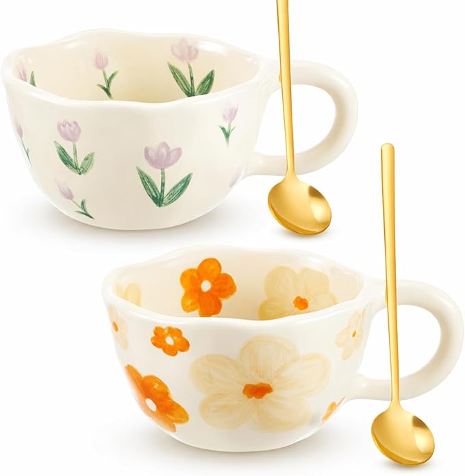 Vesici 2 Pcs Ceramic Coffee Mugs with Spoon, Vintage Floral Spring Mugs with Handle, 8.5 oz Aesthetic Flower Porcelain Tea Cup Set, Dishwasher & Microwave Safe for Home Office Gift(Charming)