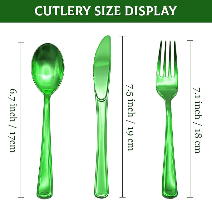 306 Count Heavy Duty Plastic Silverware - 102 Forks, 102 Knives, 102 Spoons Green Disposable Plastic Utensils Set Plastic Flatware Bulk Cutlery Sets for Holiday Party Dinner Wedding Gathering