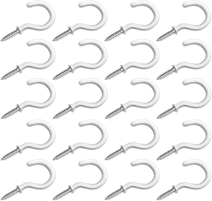 1-1/2" White Vinyl Coated Screw-in Hooks, Ceiling Hooks Wall Hooks Hanging Hooks Kitchen Hooks Indoor Outdoor for Cups Decors Plants Utensils Lights Baskets Wreaths, 20 PCS