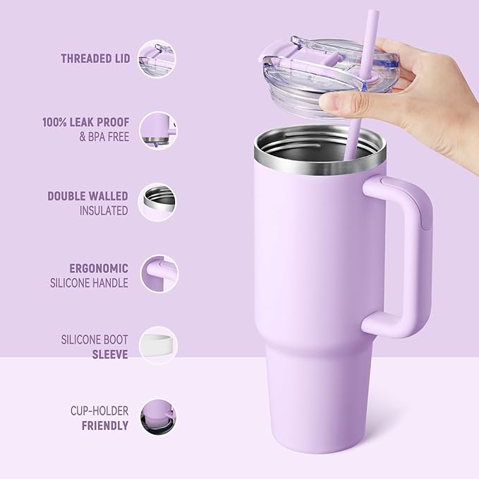 COKTIK 40 oz Tumbler With Handle and Straw, Insulated Tumbler With Leakproof Lids, Stainless Steel|BPA-Free, Cold for 24 H (Lavender)