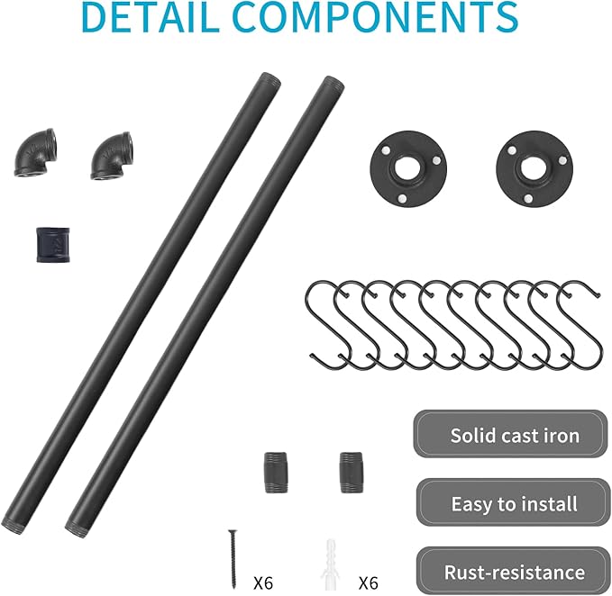 38 inch Pot Pan Rack Wall Mounted Industrial Pipe Hanging Rail Kitchen Lids Bar Utensils Hanger with 10 S Hooks Black