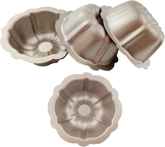 4 Inch Nonstick Mini Fluted Cake Pan, Set of 4 for Baking, Carbon Steel Fluted Cake Pans, Metal Round Pumpkin Shaped Baking Mould for Cupcake, Muffin, Brownie, Pudding - Gold