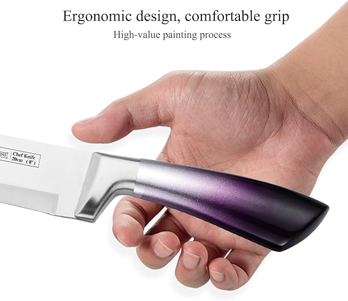 Purple Professional 9-Piece Kitchen Knife Set with Acrylic Block - Non Stick Sharp Stainless Steel Chef Knives with Sharpener