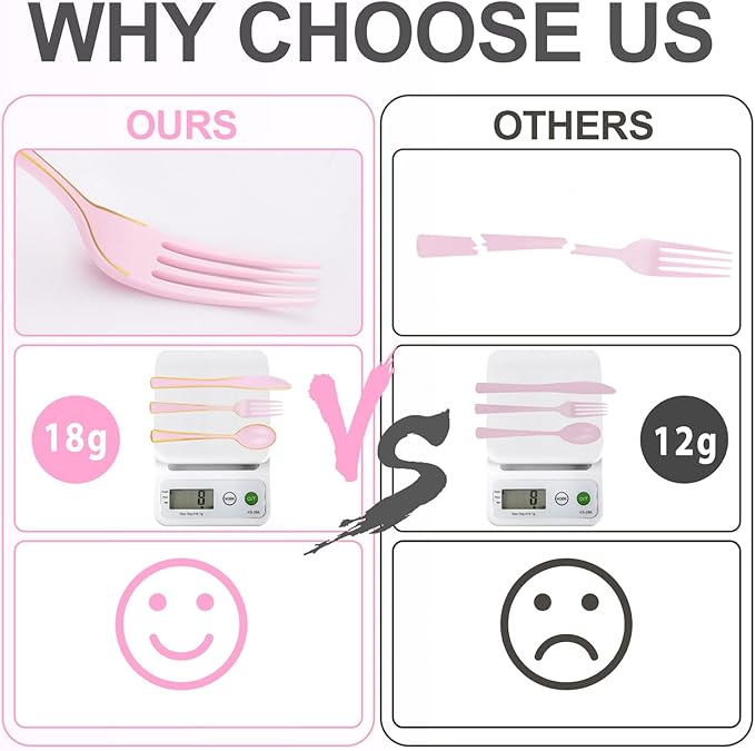 WDF 180 Pieces Pink Plastic Silverware with Gold -Pink Plastic Utensils Set - 60 Guest Cutlery Disposable for Birthday Party Baby Shower Wedding Spring