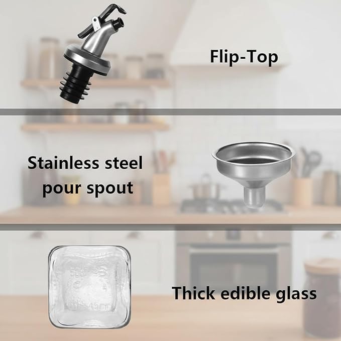 WERTIOO Olive Oil Dispenser Bottle, 3Pack 17 OZ 500ml Glass Oil Dispenser for Kitchen with 3 Pourer,1 Stainless Steel Funnel & 1 Pen and 8 Label for Kitchen